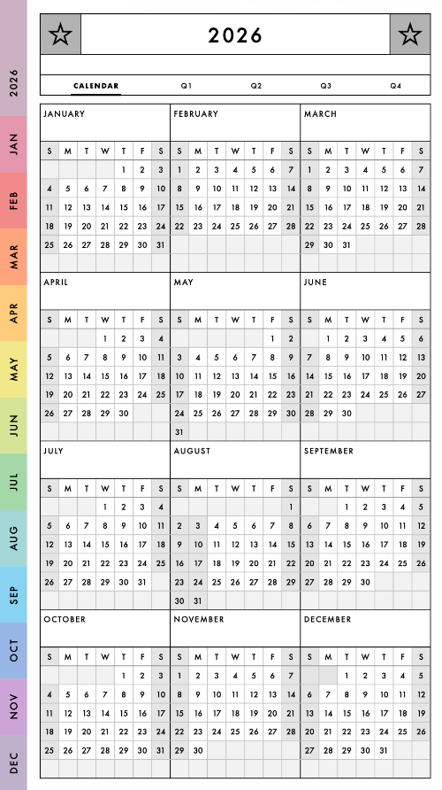 2026 calendar with a rainbow color gradient on the left side