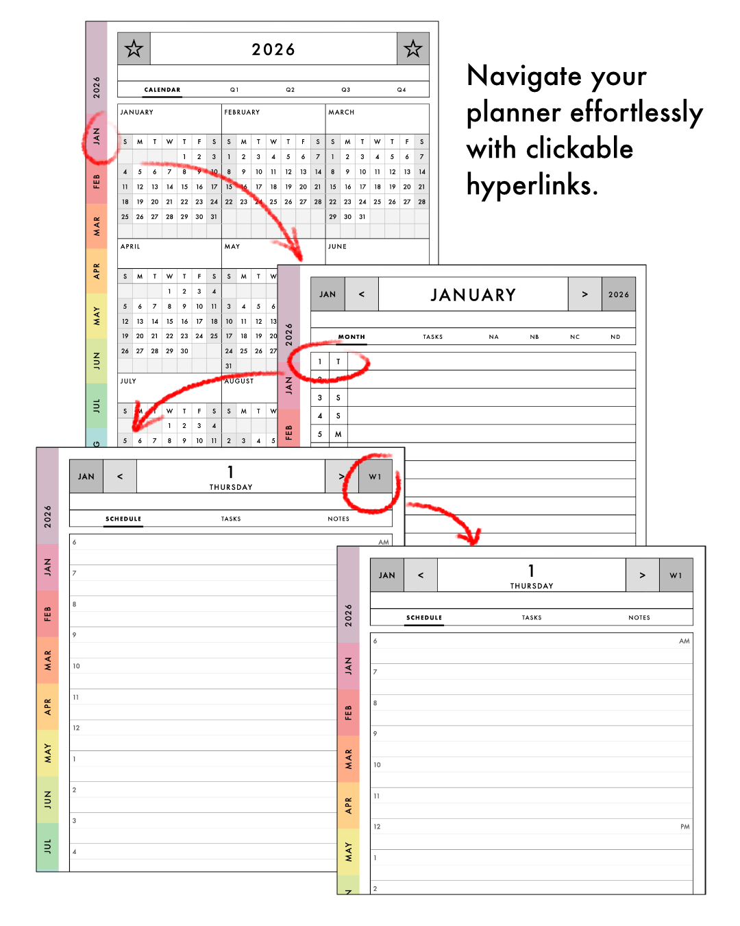 Calendar planner with clickable hyperlinks for navigating through months and days.