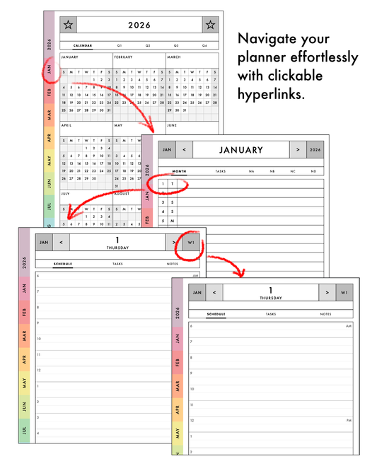 Calendar planner with clickable hyperlinks for navigating through months and days.