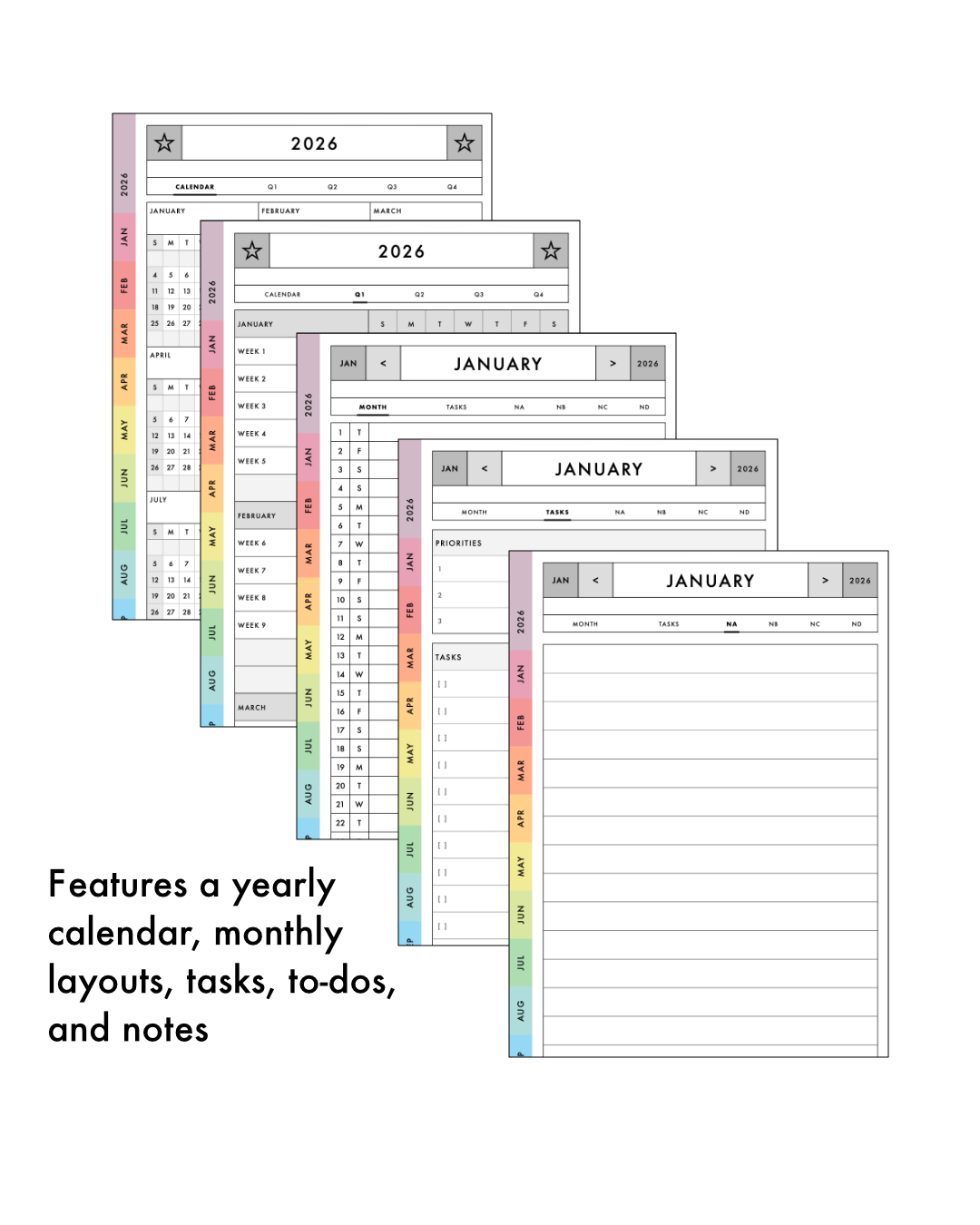 Preview of monthly pages, including the monthly calendar, tasks/todo list and multiple pages of notes.