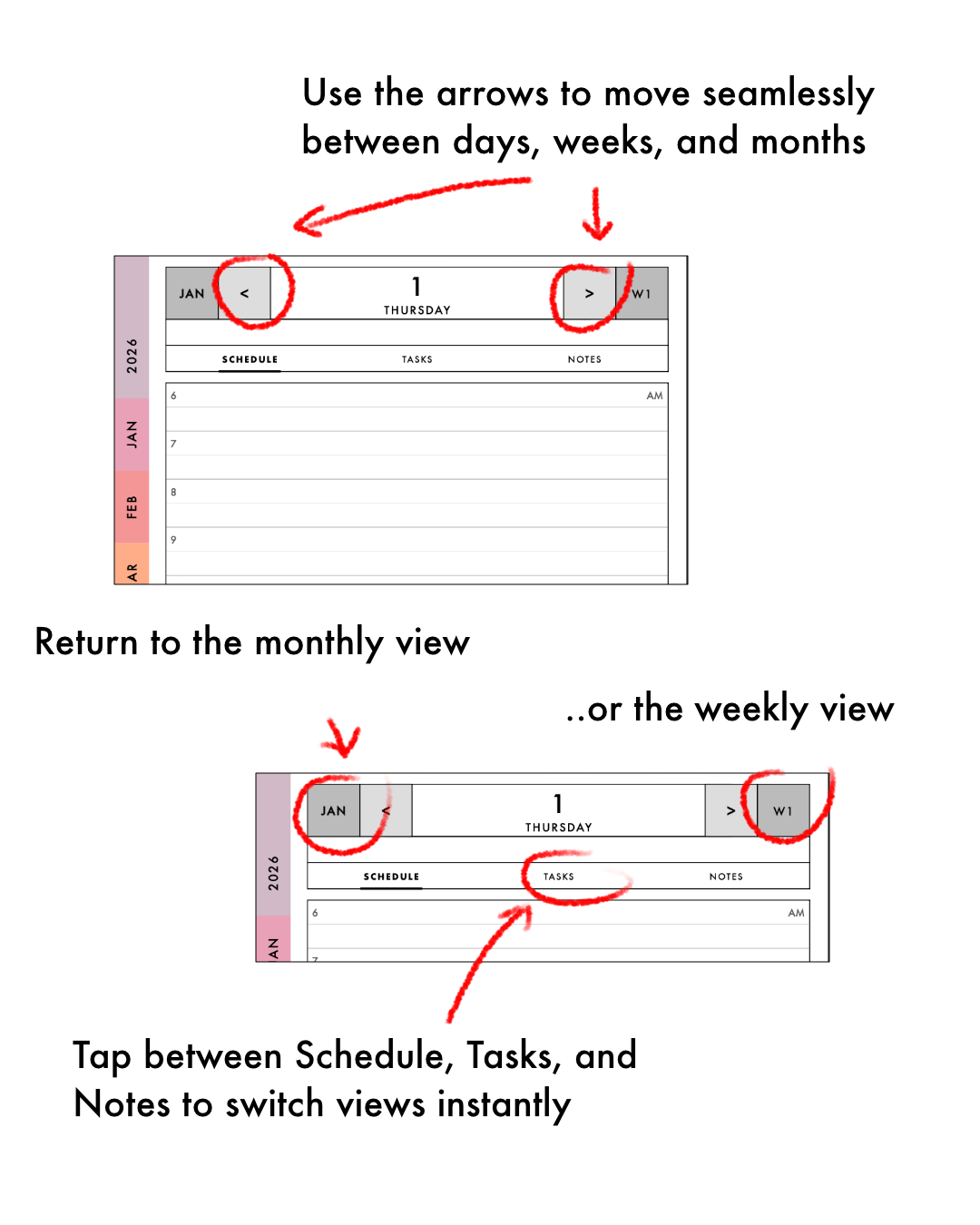 Navigation options on the daily view
